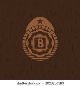 bitcoin chip (cryptocurrency mining concept) icon inside retro wood emblem. 