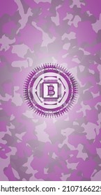 bitcoin chip (cryptocurrency mining concept) icon on pink camo texture. 