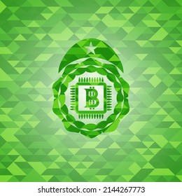 bitcoin chip (cryptocurrency mining concept) icon inside green emblem with triangle mosaic background. 
