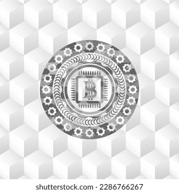 bitcoin chip (cryptocurrency mining concept) icon inside retro style grey emblem with geometric cube white background. 