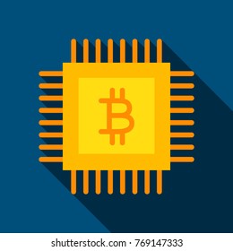Bitcoin Chip Flat Icon. Vector Illustration with Long Shadow. Cryptocurrency Technology.