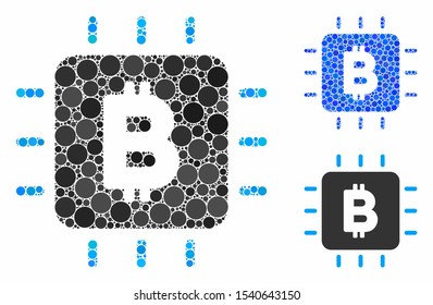 Bitcoin chip mosaic of circle elements in various sizes and color tints, based on Bitcoin chip icon. Vector circle elements are united into blue collage.