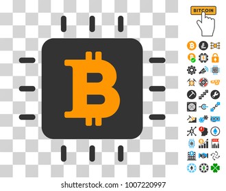 Bitcoin Chip pictograph with bonus bitcoin mining and blockchain pictographs. Vector illustration style is flat iconic symbols. Designed for cryptocurrency websites.