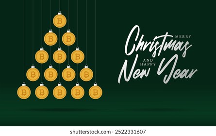 Bitcoin Christmas Greeting card. Merry Christmas and happy new year crypto greeting card. Hang on a thread green and red xmas ball bauble on green on background. Vector illustration.