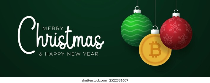 Bitcoin Christmas Greeting card. Merry Christmas and happy new year crypto greeting card. Hang on a thread green and red xmas ball bauble on green on background. Vector illustration.