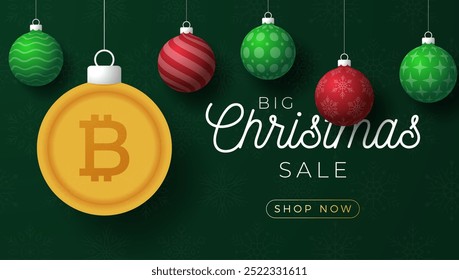 Bitcoin Christmas Greeting card. Merry Christmas and happy new year crypto greeting card. Hang on a thread green and red xmas ball bauble on green on background. Vector illustration.