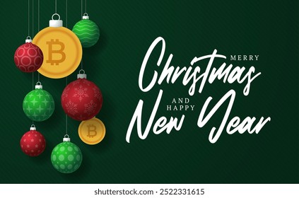 Cartão de saudação de Natal Bitcoin. Feliz Natal e feliz ano novo cripto cartão de saudação. Pendure em um fio verde e bola xmas vermelho em verde no fundo. Ilustração vetorial.