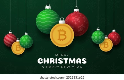 Bitcoin Christmas Greeting card. Merry Christmas and happy new year crypto greeting card. Hang on a thread green and red xmas ball bauble on green on background. Vector illustration.