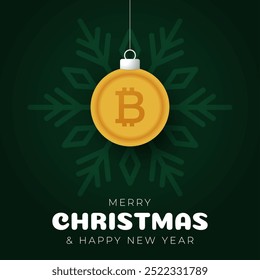 Bitcoin Christmas Greeting card. Merry Christmas and happy new year crypto greeting card. Hang on a thread green and red xmas ball bauble on green on background. Vector illustration.