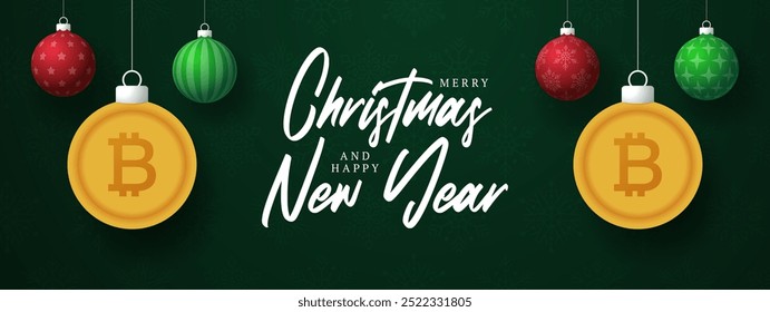 Bitcoin Christmas Greeting card. Merry Christmas and happy new year crypto greeting card. Hang on a thread green and red xmas ball bauble on green on background. Vector illustration.