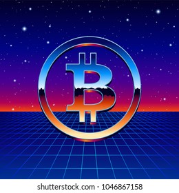 Bitcoin chrome sign with shiny sci-fi futuristic background and neon grid. Cryptocurrency logo for business articles