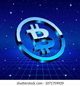 Bitcoin chrome sign with shiny sci-fi futuristic background and neon grid. Cryptocurrency logo for business articles