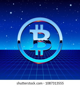 Bitcoin chrome sign with shiny sci-fi futuristic background and neon grid. Cryptocurrency logo for business articles