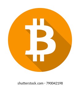 Bitcoin circle icon with long shadow. Flat design style. Crypto currency simple silhouette. Modern, minimalist, round icon in stylish colors. Web site page and mobile app design vector element.