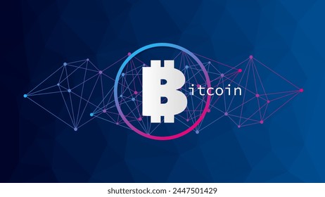 Bitcoin circle sign. Low poly vector network pattern. Blockchain technology, crypto currency symbol. Virtual money icon for business, finance, digital global trade, payment, worldwide, exchange. Blue 