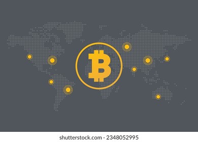 Bitcoin circle sign. Vector dotted world map background. Blockchain technology, crypto currency symbol. Virtual money icon for business, finance, digital global trade, payment, worldwide, exchange