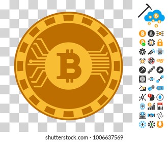 Bitcoin Circuit Casino Chip pictograph with bonus bitcoin mining and blockchain images. Vector illustration style is flat iconic symbols. Designed for crypto-currency apps.