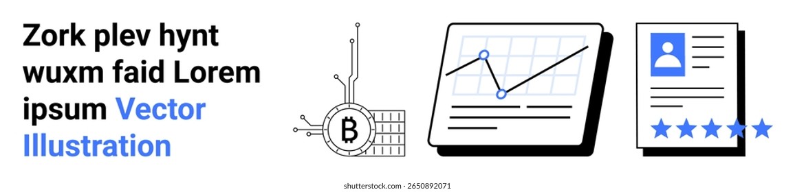 Bitcoin com conexões de circuito, gráfico de tendência ascendente no tablet, documento de perfil com classificações de estrelas. Ideal para finanças, tecnologia, análise, negócios, criptomoeda, desempenho e marketing