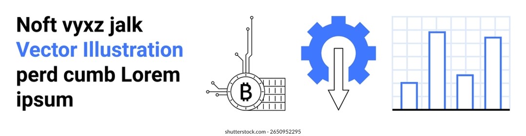 Circuito Bitcoin, engrenagem com seta para baixo, gráfico de barras e texto. Ideal para tecnologia financeira, blockchain, criptomoeda, análise de dados, crescimento de negócios, marketing digital e tendência econômica