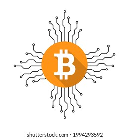 Bitcoin y líneas de circuito como moneda criptográfica, concepto de dinero digital, electrónico y virtual. Símbolo de tecnología criptodivisa.