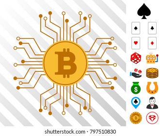 Bitcoin Circuit Links pictograph with bonus casino pictographs. Vector illustration style is flat iconic symbols. Designed for casino apps.