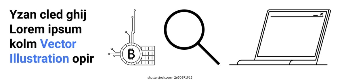 Circuito Bitcoin com lupa e laptop em preto e branco. Ideal para criptomoeda, finanças, blockchain, pesquisa, tecnologia, análise de dados, temas de marketing digital. Página inicial