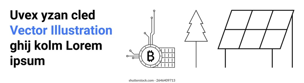 Bitcoin circuito ao lado de uma árvore e painéis solares destaca criptomoeda, energia verde e tecnologia sustentável. Ideal para artigos tecnológicos, blogs de energia renovável, materiais educacionais
