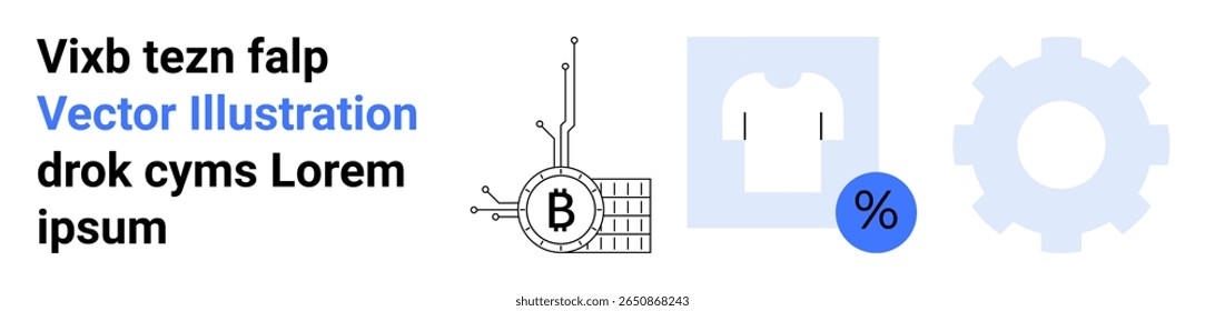 Circuito Bitcoin, camiseta com etiqueta de desconto e símbolo de engrenagem. Ideal para e-commerce, tecnologia, marketing, criptomoeda, compras, desenvolvimento de software, design gráfico. Página inicial