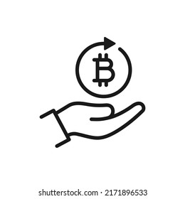 Bitcoin in kreisförmigem Pfeil auf der Hand. Zahlungstransaktion Symbol Linie Stil isoliert. Vektorgrafik