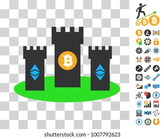 Bitcoin Citadel icon with bonus bitcoin mining and blockchain design elements. Vector illustration style is flat iconic symbols. Designed for crypto-currency ui toolbars.