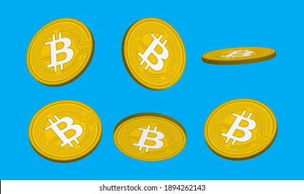 Bitcoin clip art collection - Vector illustrations of bitcoins from various angels on blue background.