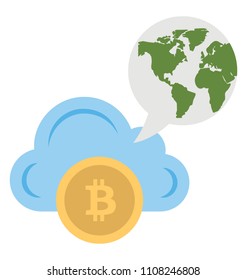 Bitcoin cloud attached to a globe showing bitcoin globe icon