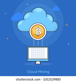 Bitcoin cloud computing on blue background.