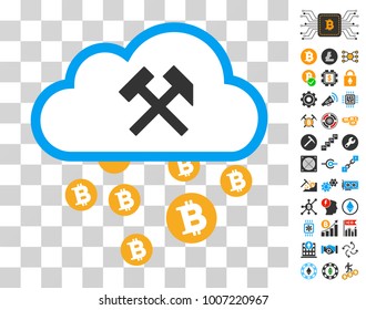 Bitcoin Cloud Hammers pictograph with bonus bitcoin mining and blockchain graphic icons. Vector illustration style is flat iconic symbols. Designed for cryptocurrency ui toolbars.