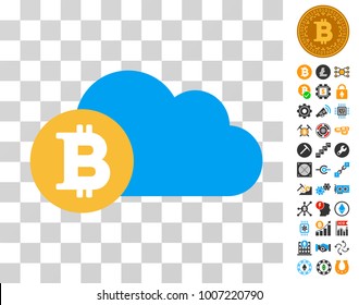 Bitcoin Cloud icon with bonus bitcoin mining and blockchain clip art. Vector illustration style is flat iconic symbols. Designed for crypto currency websites.