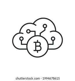 Bitcoin cloud icon. Thin line icon of digital cloud with bitcoin sign isolated on white background. Icon social media and web design. Vector illustration
