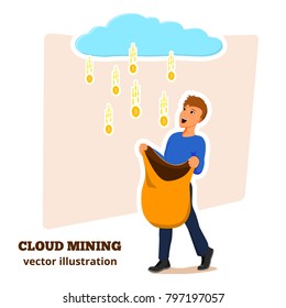 Bitcoin Cloud Mining Character,internet technology web design concept - happy smiling person mine digital crypto currency coins from server,catching simple fast profit.Vector illustration