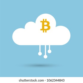 Bitcoin Cloud Mining or hashing symbol on blue sky background. Crypto-currency Business, technology vector illustrator
