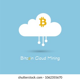 Bitcoin Cloud Mining or hashing symbol on blue sky background. Crypto-currency Business, technology vector illustrator logo or icon