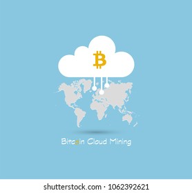 Bitcoin Cloud Mining or hashing symbol on blue sky background with gray world map. Crypto-currency Business, technology vector illustrator logo or icon