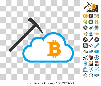 Bitcoin Cloud Mining icon with bonus bitcoin mining and blockchain pictograms. Vector illustration style is flat iconic symbols. Designed for crypto currency ui toolbars.