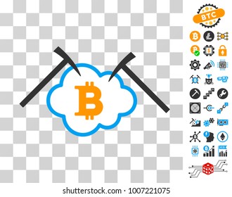 Bitcoin Cloud Mining icon with bonus bitcoin mining and blockchain design elements. Vector illustration style is flat iconic symbols. Designed for crypto currency ui toolbars.