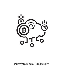 Bitcoin Cloud Mining Icon. Modern computer network technology sign. Digital graphic symbol. Crypto Currency technology. Concept design elements.