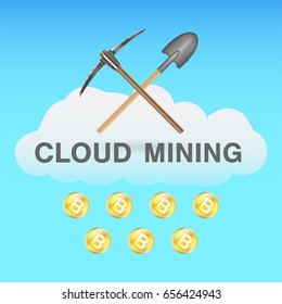 bitcoin cloud mining with pickaxe and shovel on cloud logo