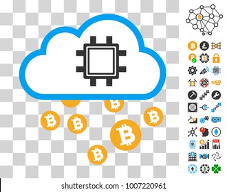 Bitcoin Cloud Pool pictograph with bonus bitcoin mining and blockchain icons. Vector illustration style is flat iconic symbols. Designed for bitcoin ui toolbars.