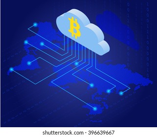 Bitcoin Cloud technology. Virtual money. Flat 3d isometry isometric online mining bitcoin concept. Network concept. 