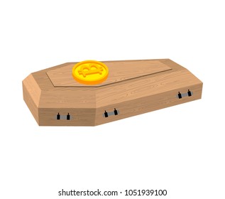 Bitcoin in coffin. Fall of crypto currency. Currency quotes are falling.