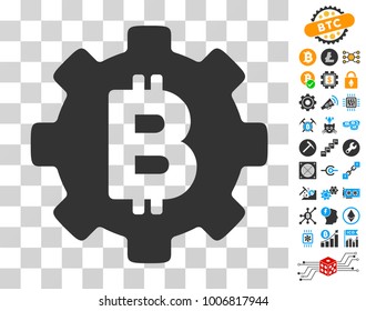 Bitcoin Cog Wheel icon with bonus bitcoin mining and blockchain design elements. Vector illustration style is flat iconic symbols. Designed for crypto currency apps.