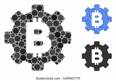 Bitcoin cog wheel mosaic of filled circles in variable sizes and shades, based on Bitcoin cog wheel icon. Vector filled circles are combined into blue mosaic.