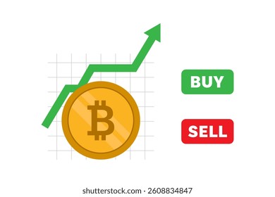 Bitcoin coin with an up arrow and buttons that say buy and sell.
